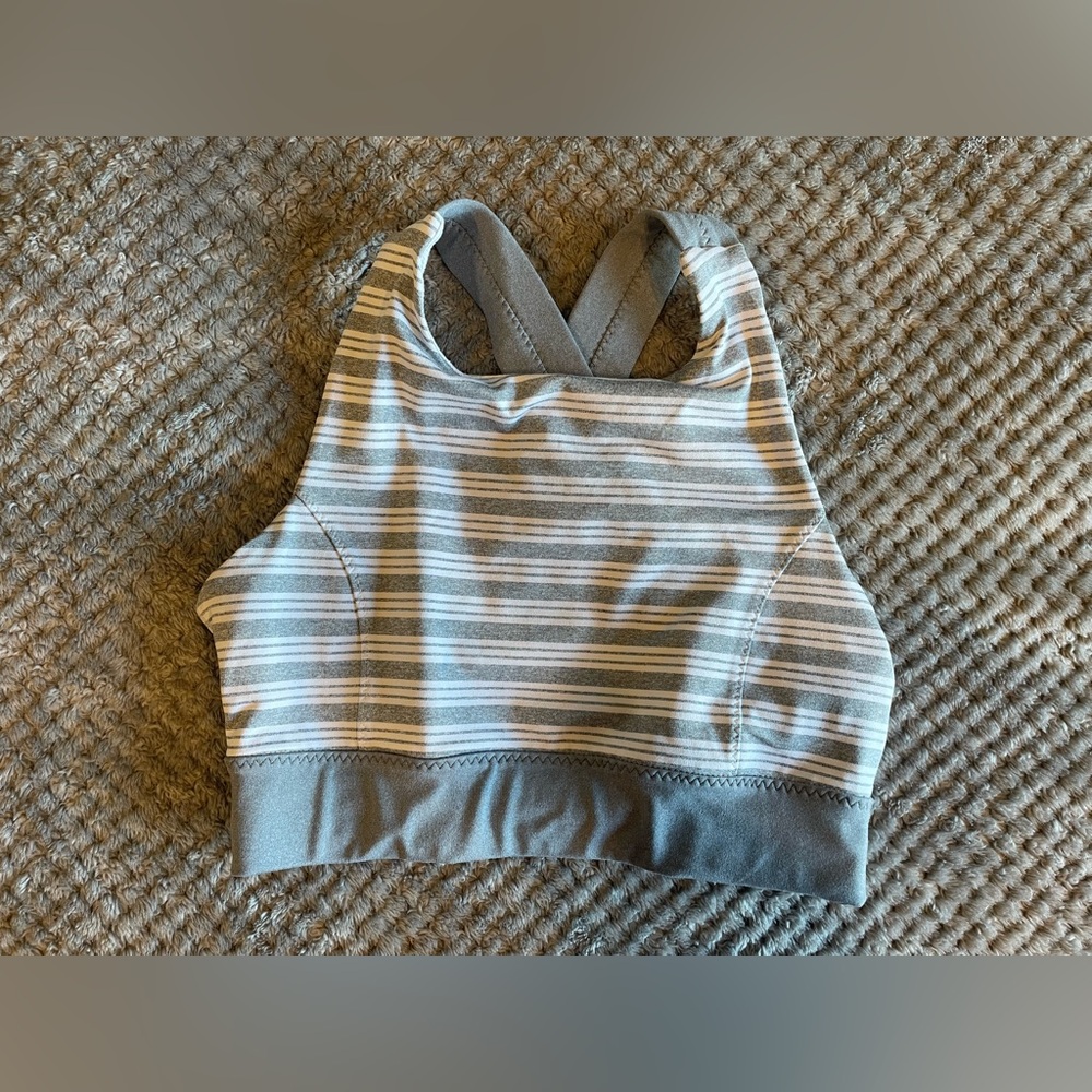 Athleta Gray Stripe High Neck Sports Bra